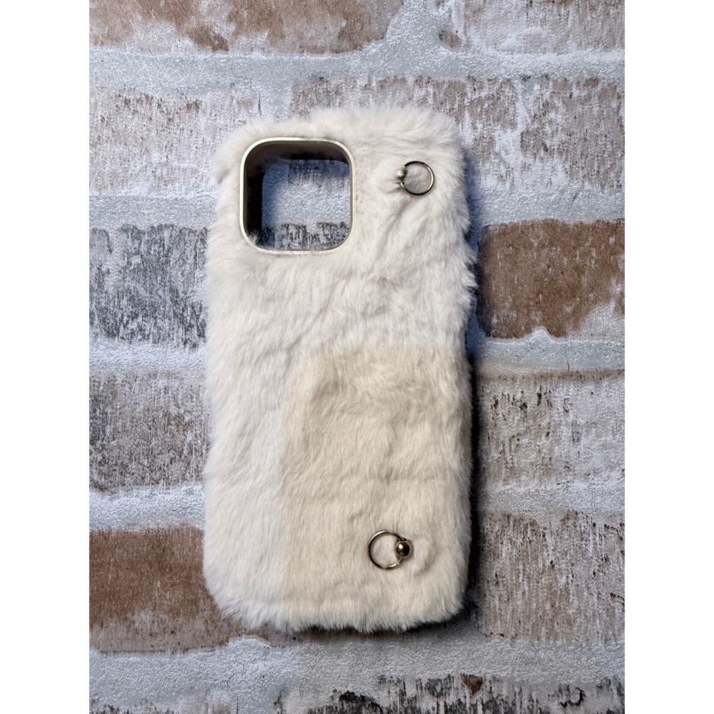 Heyday iPhone 16 pro max case‎ White Faux Fur Fuzzy  Gold Ring Detail Cream Tech